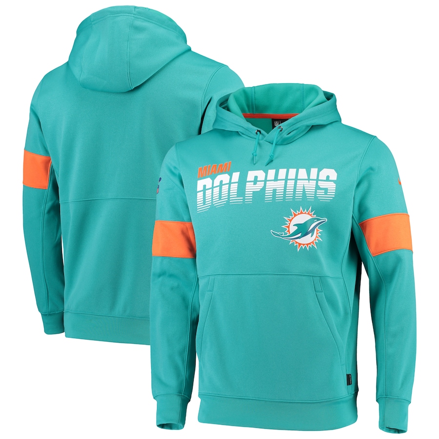 Men’s Miami Dolphins 2019 Aqua 100th NFL Season Sideline Team Logo Performance Pullover Hoodie Men’s Miami Dolphins 2019 Aqua 100th NFL Season Sideline Team Logo Performance Pullover Hoodie